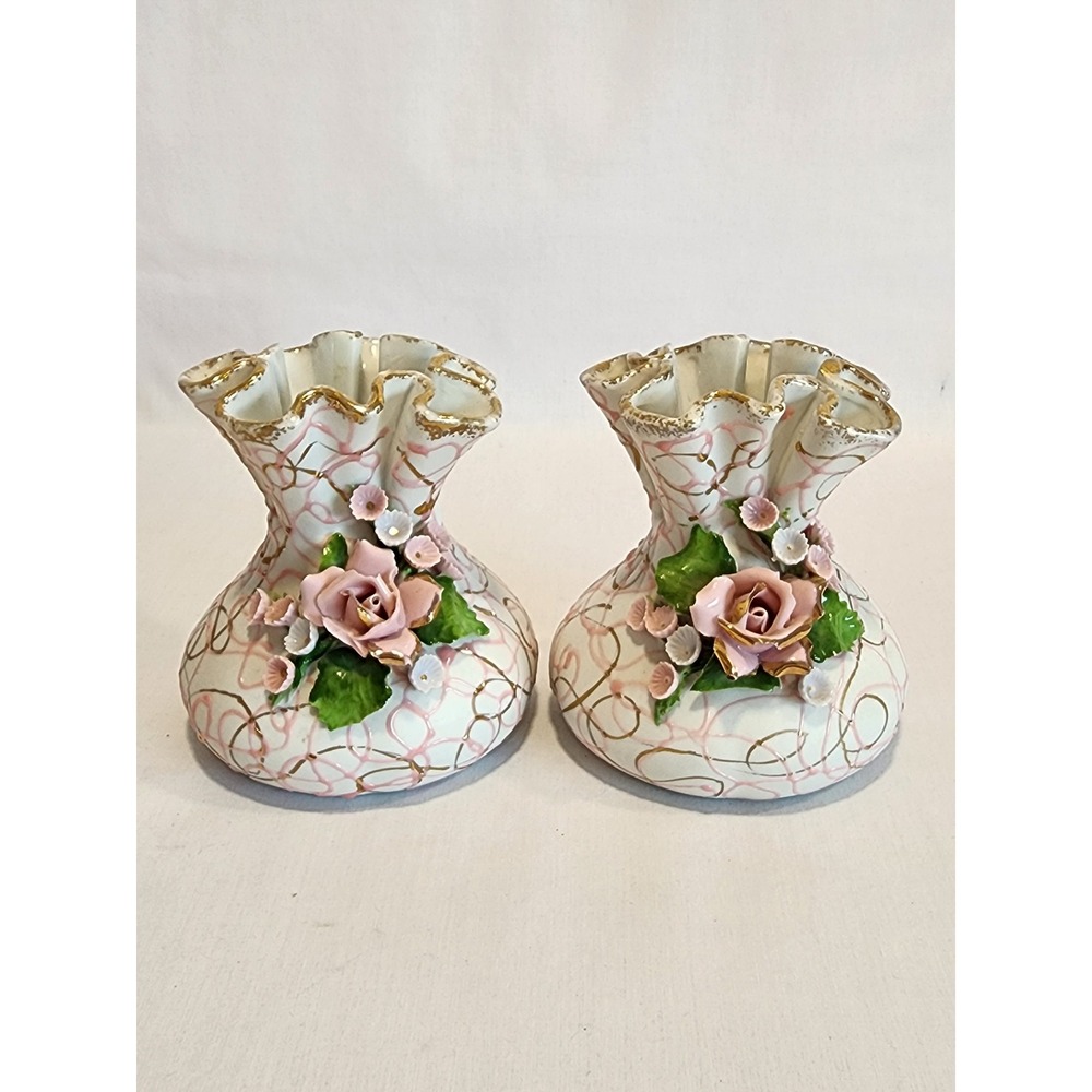 Vintage Lefton China Hand Painted Rose Bud Vases Set 2 Pink Gold 1959 Spaghetti